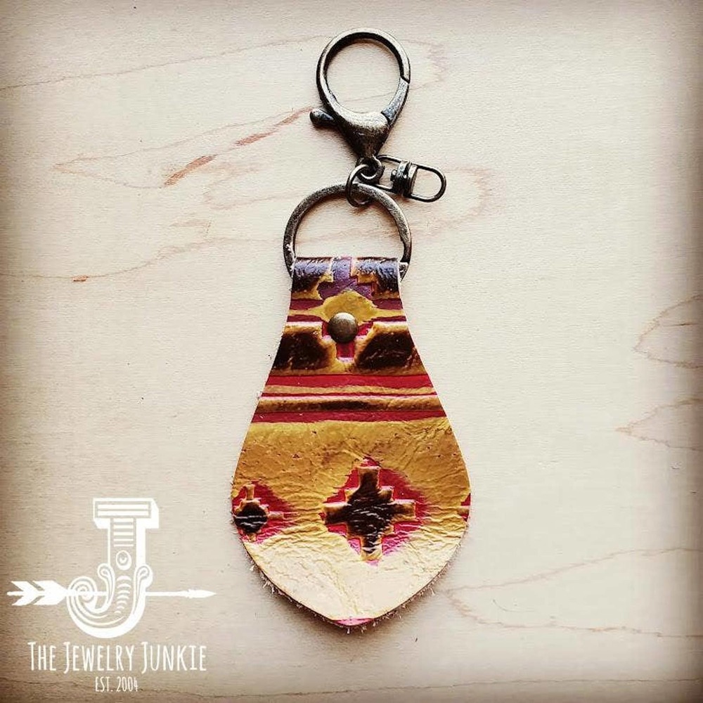 Embossed Leather  Key Chain Yellow Navajo Western Southwestern
